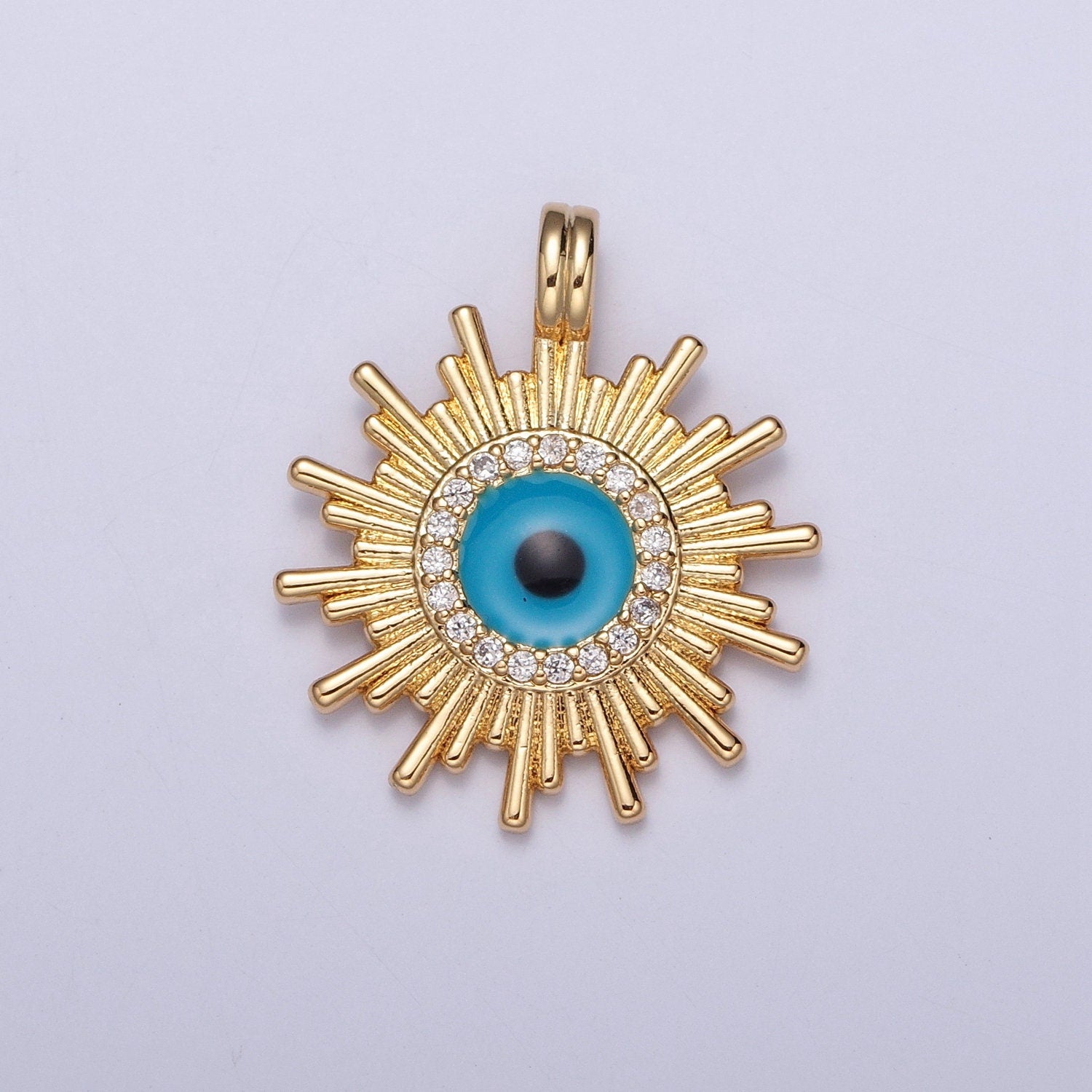 24K Gold Micro Pave CZ Sun Evil Eye Pendant, Sunburst Charm, Dark Turquoise Evil Eye Sun Pendant | H-692