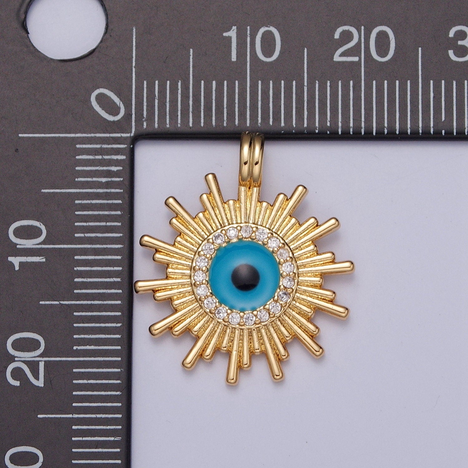 24K Gold Micro Pave CZ Sun Evil Eye Pendant, Sunburst Charm, Dark Turquoise Evil Eye Sun Pendant | H-692