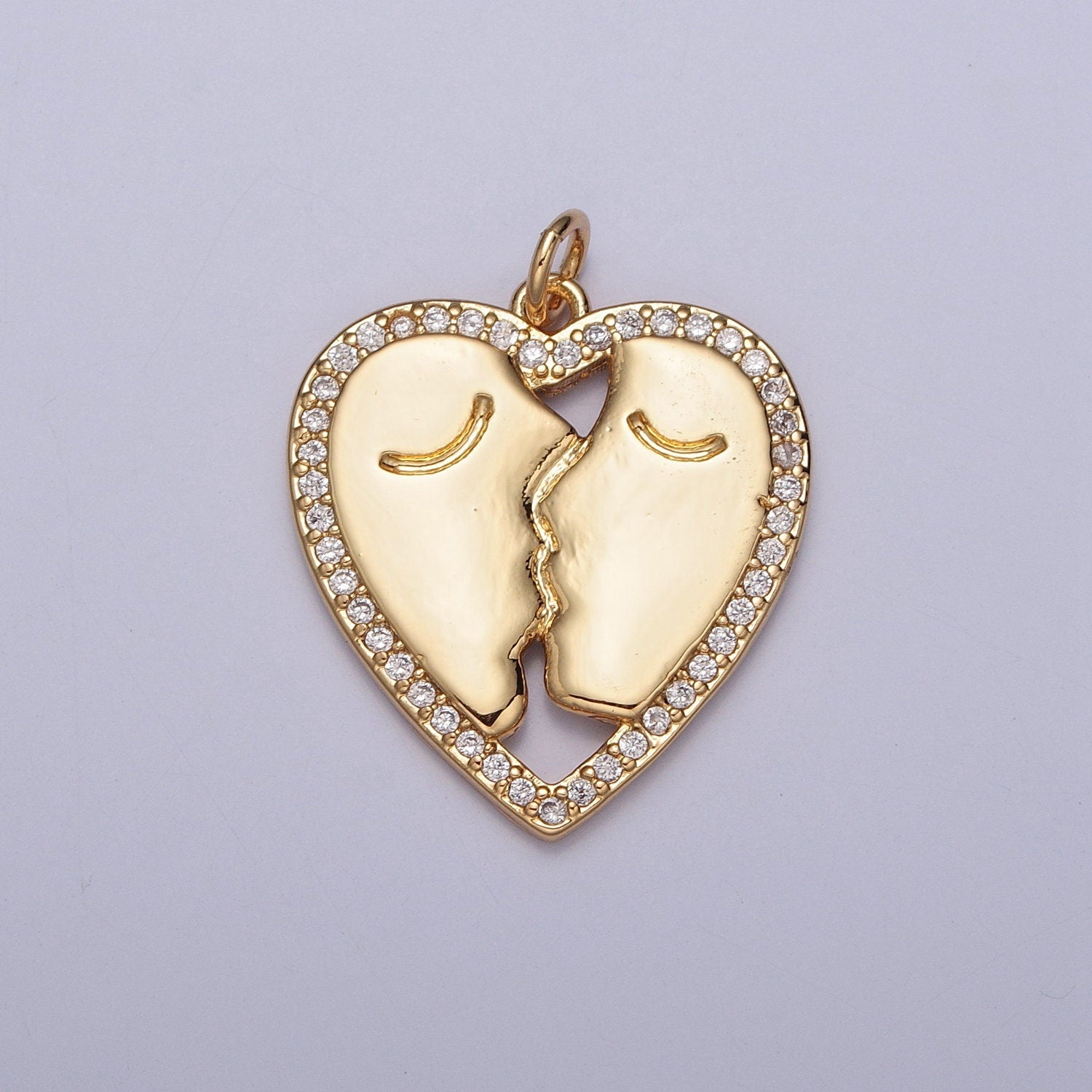 24K Gold Lovers Kissing Heart Charm Pendant, CZ Pave Heart Charms Pendants, Kissing Charm, Gold Charm for Necklace Bracelet Earring | X-128