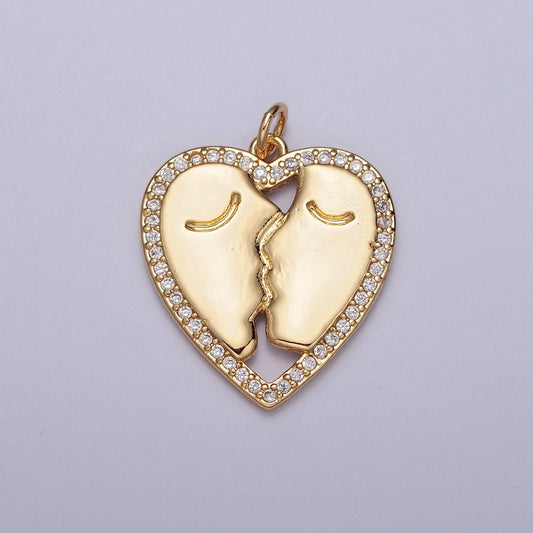 24K Gold Lovers Kissing Heart Charm Pendant, CZ Pave Heart Charms Pendants, Kissing Charm, Gold Charm for Necklace Bracelet Earring | X-128