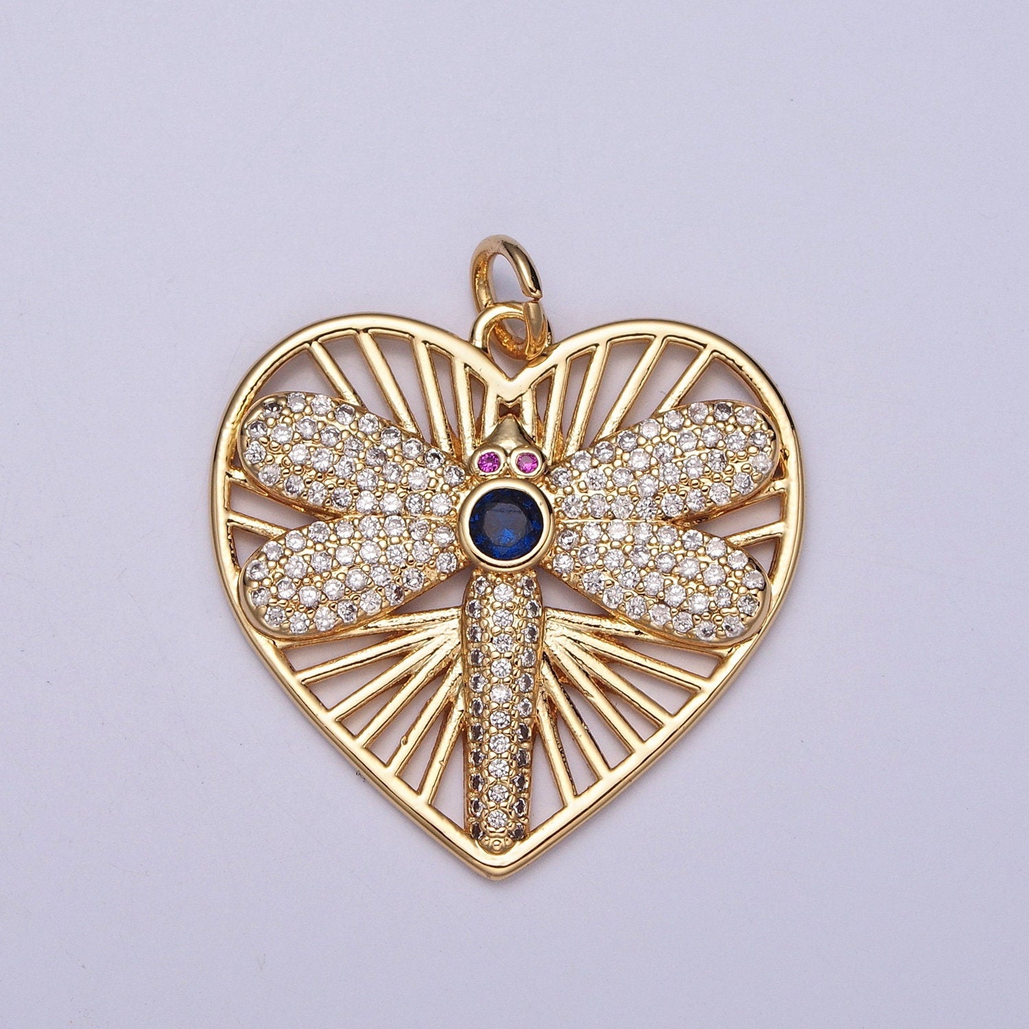 24K Gold Micro Pave Cz Dragonfly Heart SunBurst Pendant, Magenta-Eyed Blue CZ Stone Dragonfly Charm for Necklace Earring Supply | X-131