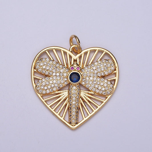 24K Gold Micro Pave Cz Dragonfly Heart SunBurst Pendant, Magenta-Eyed Blue CZ Stone Dragonfly Charm for Necklace Earring Supply | X-131