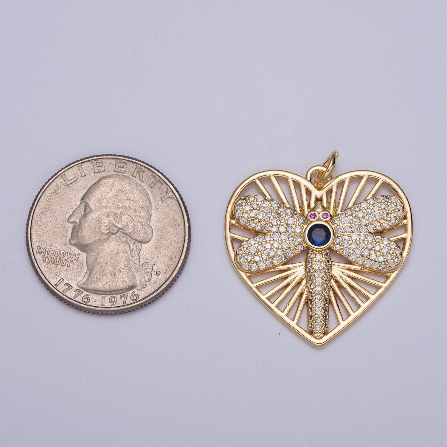 24K Gold Micro Pave Cz Dragonfly Heart SunBurst Pendant, Magenta-Eyed Blue CZ Stone Dragonfly Charm for Necklace Earring Supply | X-131