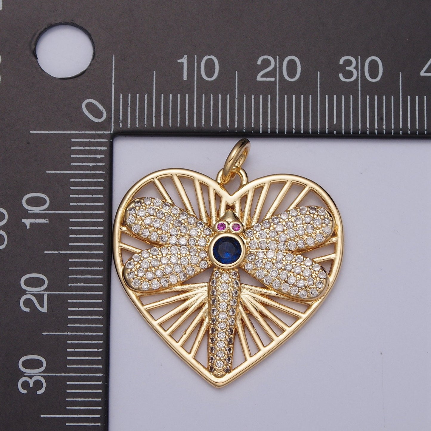 24K Gold Micro Pave Cz Dragonfly Heart SunBurst Pendant, Magenta-Eyed Blue CZ Stone Dragonfly Charm for Necklace Earring Supply | X-131