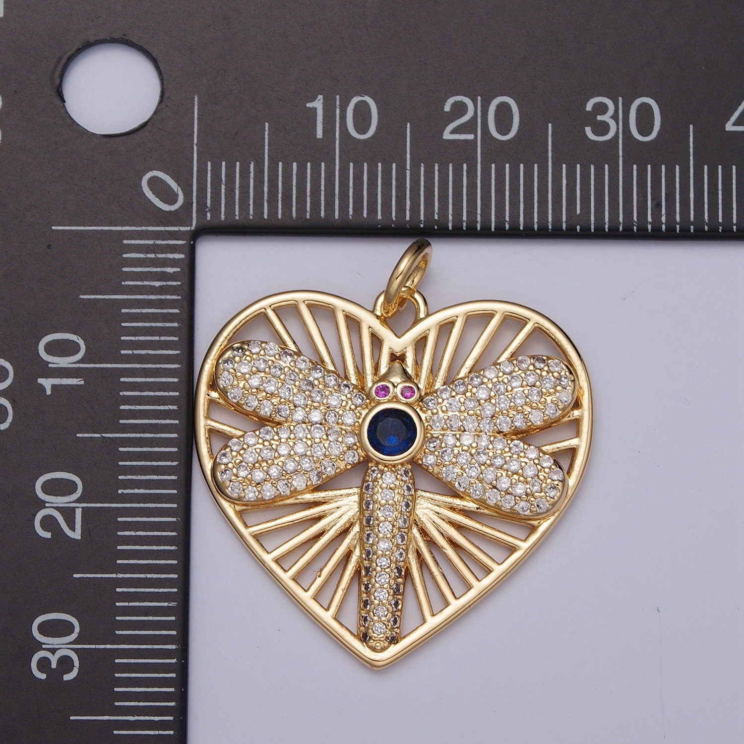 24K Gold Micro Pave Cz Dragonfly Heart SunBurst Pendant, Magenta-Eyed Blue CZ Stone Dragonfly Charm for Necklace Earring Supply | X-131
