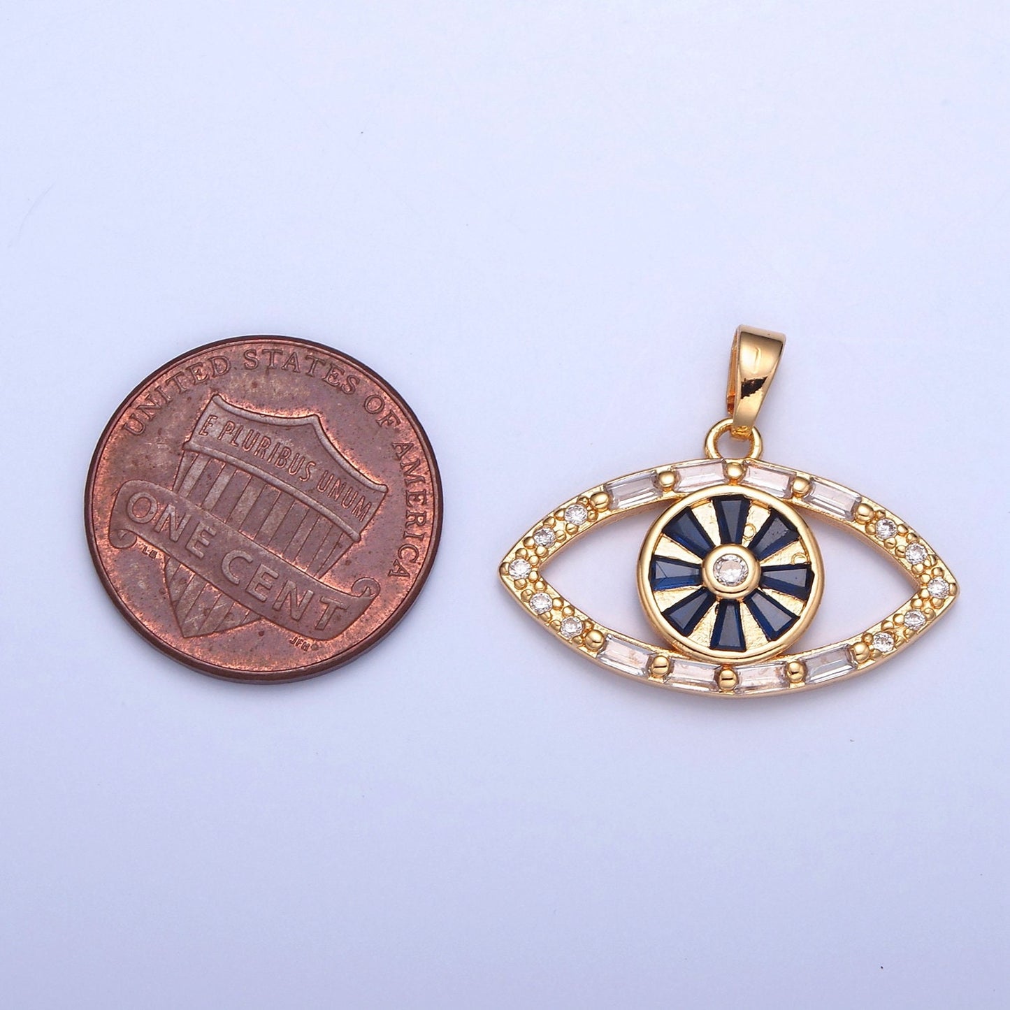 16K Gold Evil Eye Blue Baguette Stones Pendant, Micro Pave CZ Evil Eye Charm for DIY Add on Bracelet Earring Minimalist Necklace | H-014