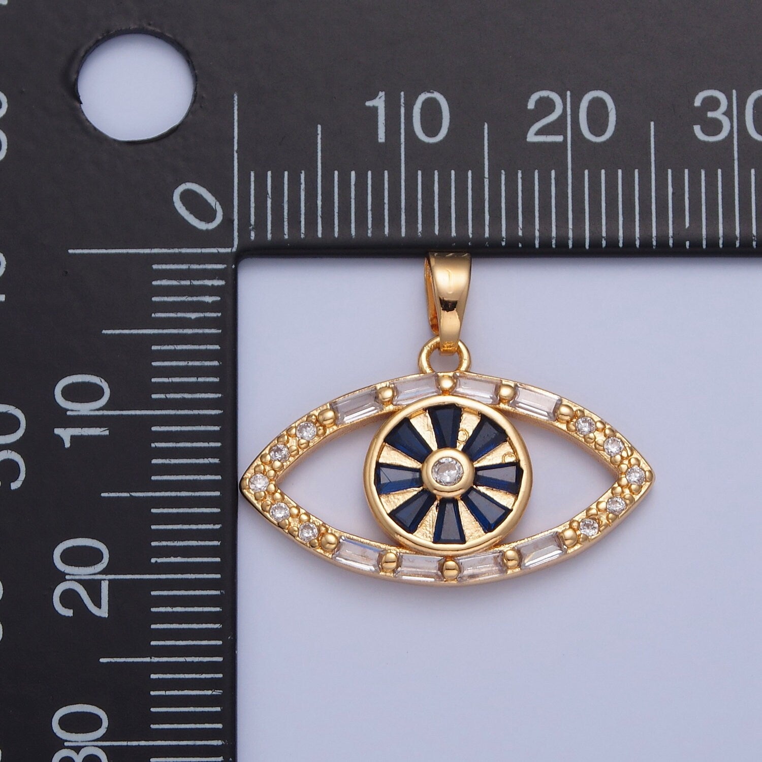 16K Gold Evil Eye Blue Baguette Stones Pendant, Micro Pave CZ Evil Eye Charm for DIY Add on Bracelet Earring Minimalist Necklace | H-014