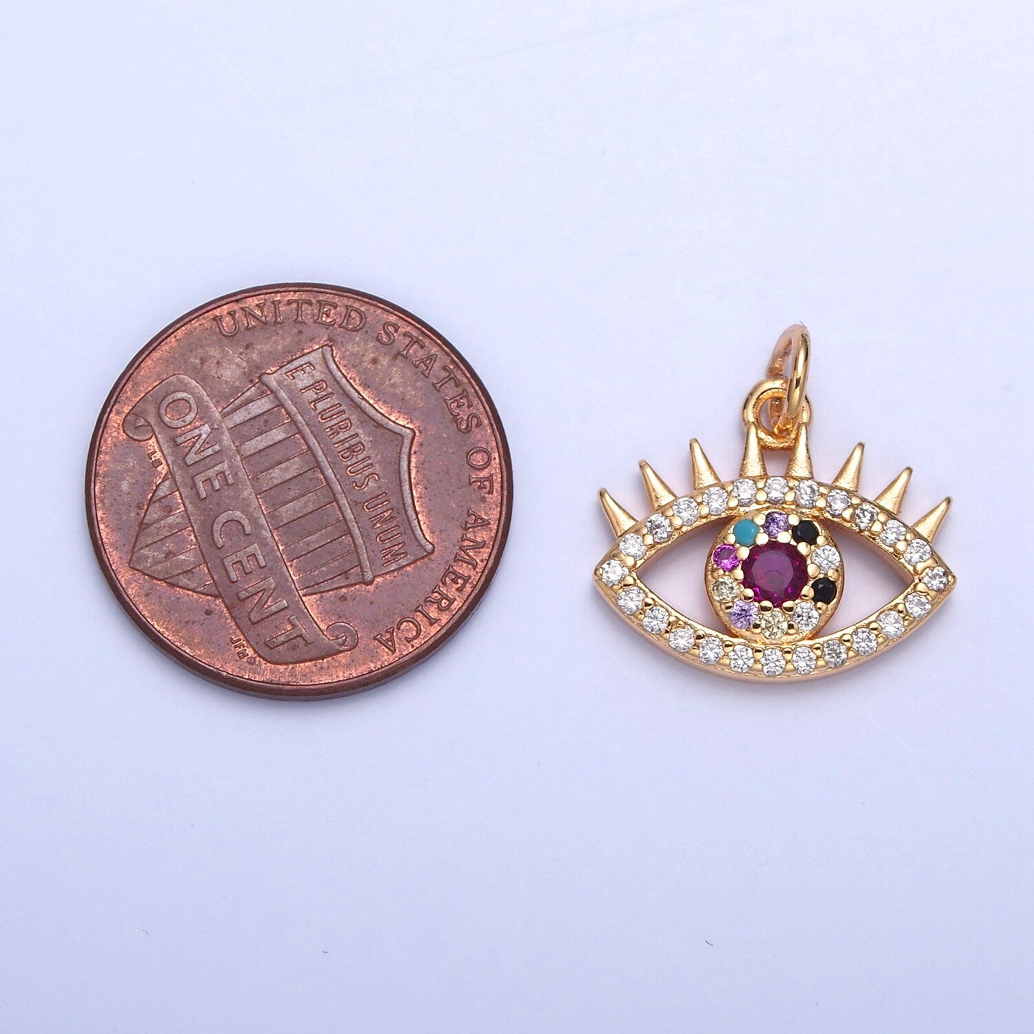 16K Gold Multicolored Evil Eye CZ Stones Pendant w. Spikes Eyelashes, Micro Pave CZ Evil Eye Charm for DIY Bracelet Earring Necklace | X-040