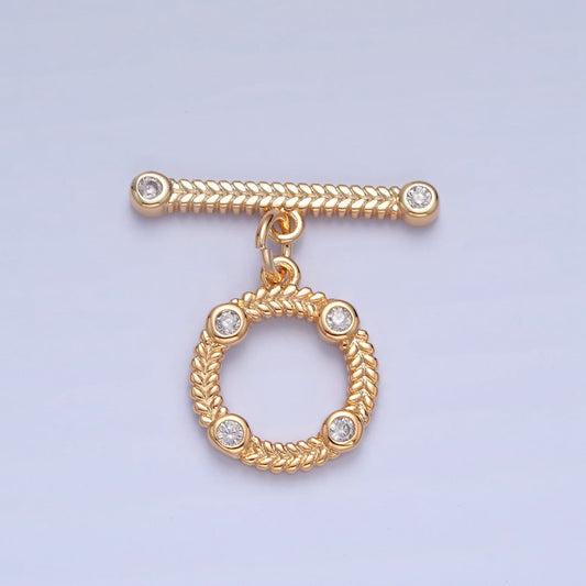 Gold Round Wreaths Style Mini Leaves Micro Pave CZ Stones Toggle Clasp, Bracelet Necklace Jewelry Clasps, 24K Gold Filled OT Clasp | L-762