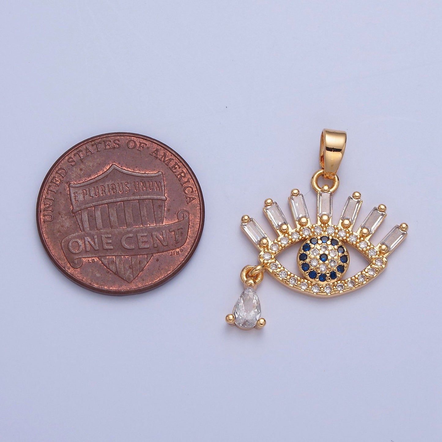 16K Gold Filled Micro Pave Cubic Zirconia Blue Evil Eye Charm Clear Teardrop CZ, Baguette Stone Eyelashes, Tiny Pendant Amulet Piece | H-015