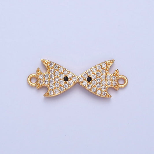 16K Gold Filled Cute Kissing Fishes Micro Pave CZ Clear Stone Connector, Add on Link Charm Crystal Cz for Necklace Bracelet Supply | F-321