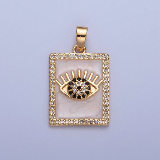 16K Gold Filled Micro Pave CZ Black Clear Rectangular Evil Eye of Nazar Tag Pendant Piece Charmfor Bracelet Necklace Earrings | H-064