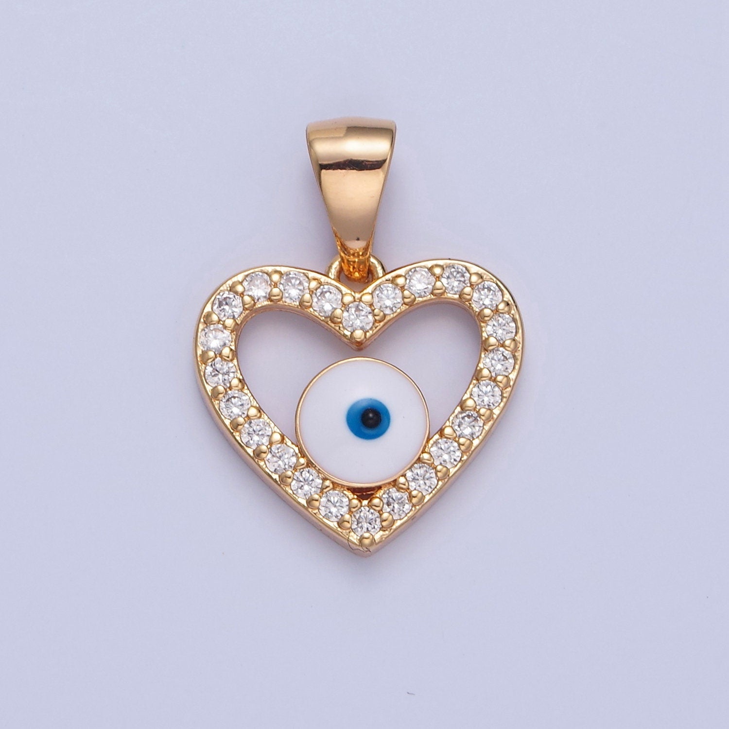 16K Gold Filled Enamel Heart Evil Eye Pendant w. Micro Pave Cubic Zirconia CZ Stones, Charm Necklace-DIY Jewelry Making | H-075