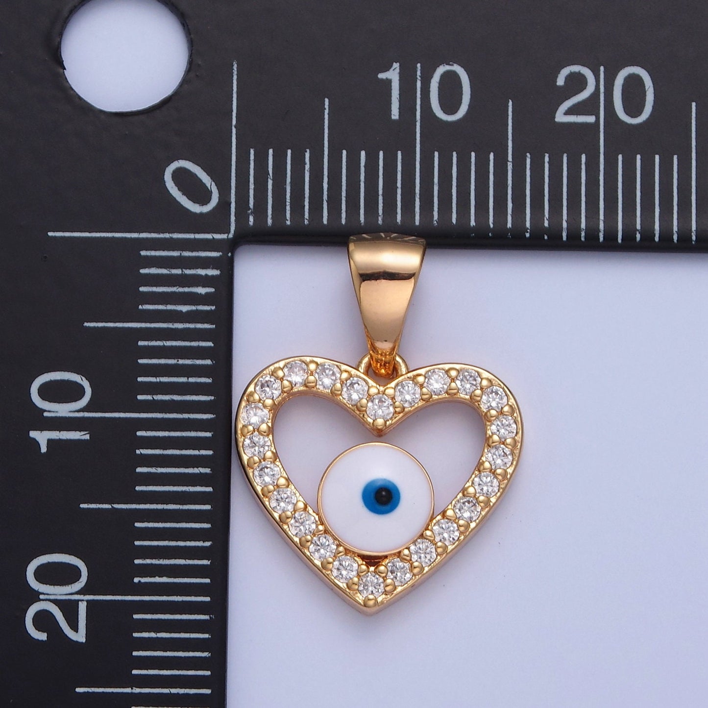 16K Gold Filled Enamel Heart Evil Eye Pendant w. Micro Pave Cubic Zirconia CZ Stones, Charm Necklace-DIY Jewelry Making | H-075