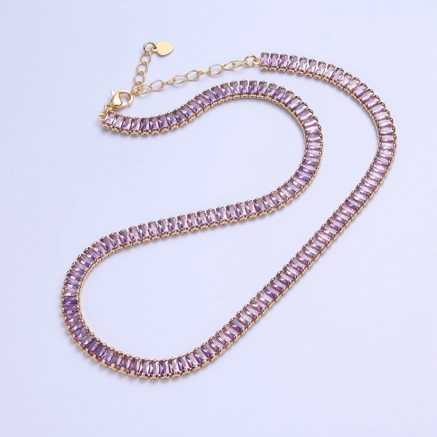 24k Gold Filled 16.0-inch Purple Lavender CZ Rectangular Baguette Paved Chain Necklace | WA-671-16.0