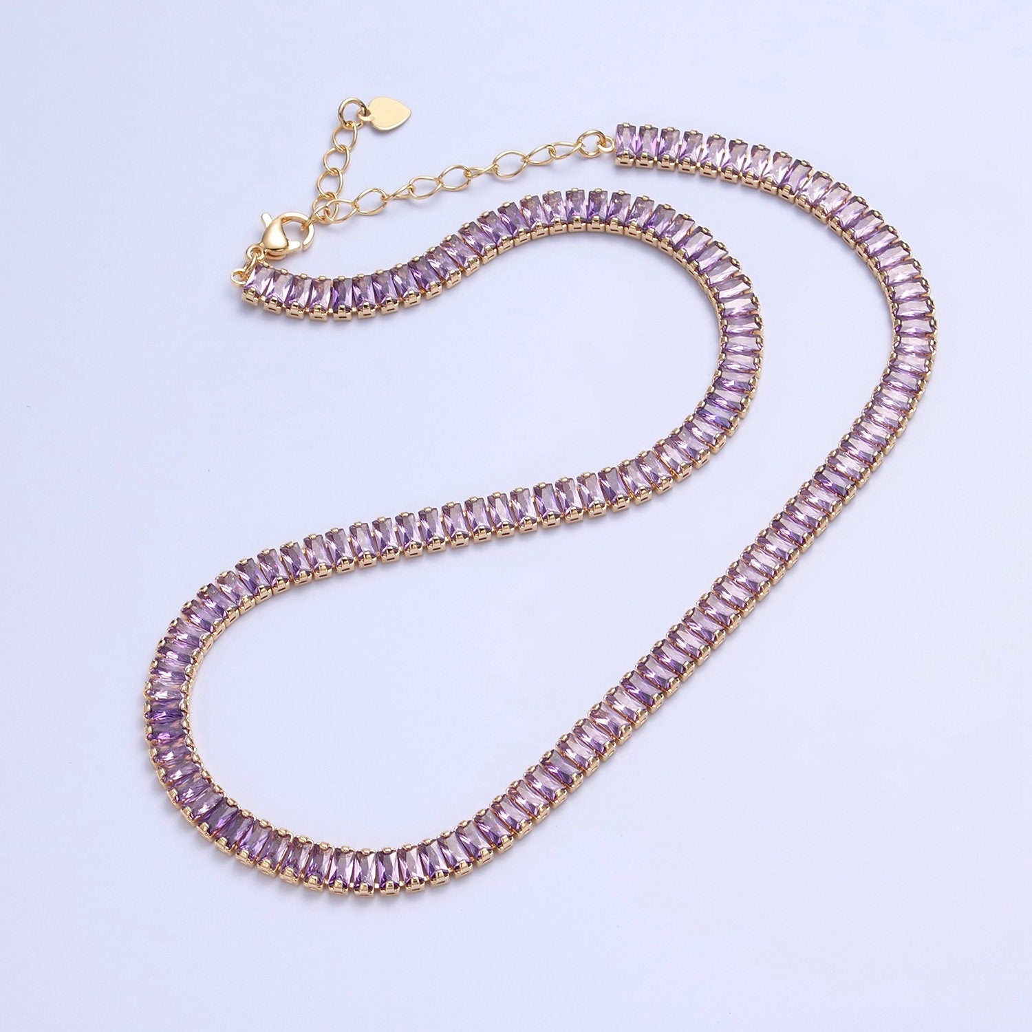 24k Gold Filled 16.0-inch Purple Lavender CZ Rectangular Baguette Paved Chain Necklace | WA-671-16.0
