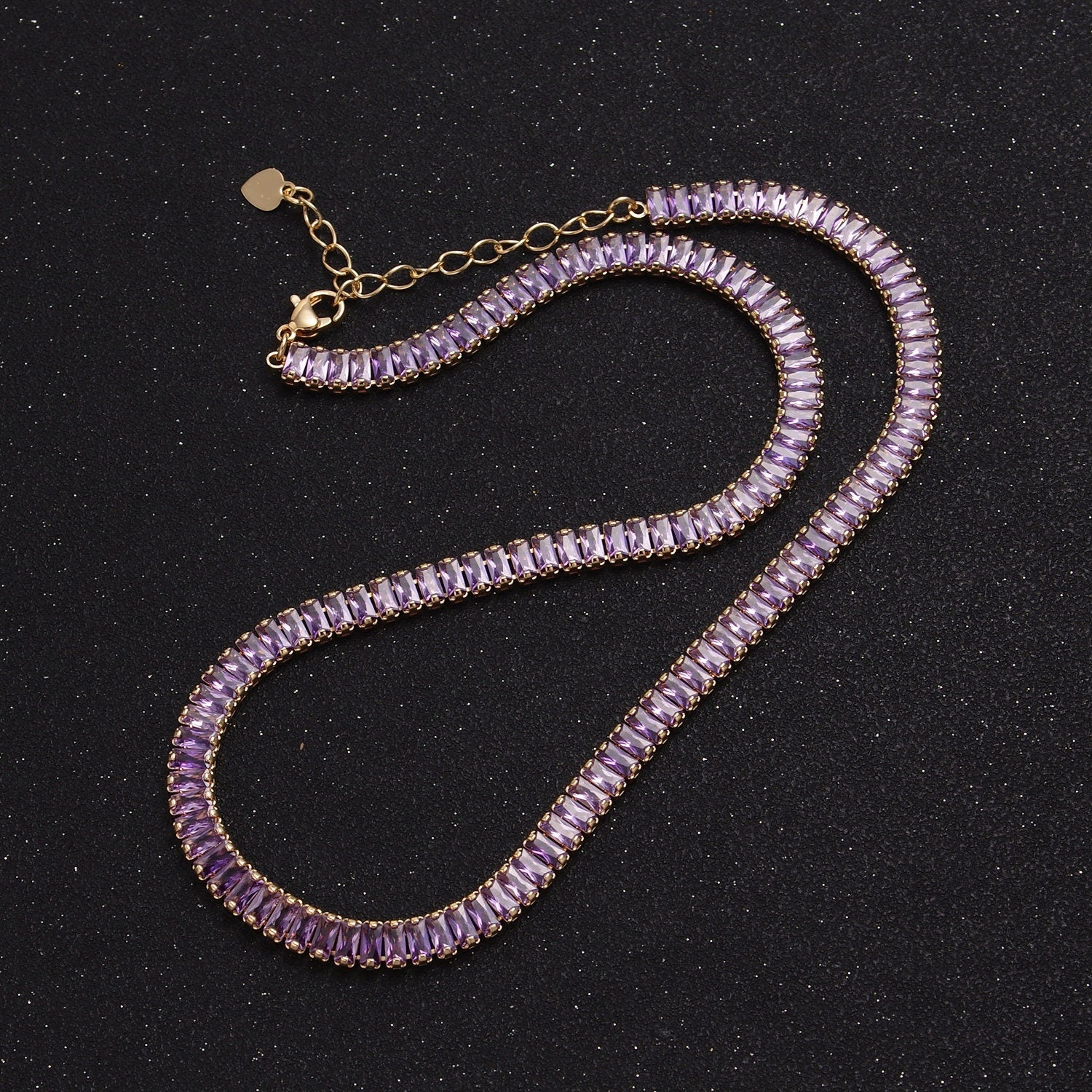 24k Gold Filled 16.0-inch Purple Lavender CZ Rectangular Baguette Paved Chain Necklace | WA-671-16.0