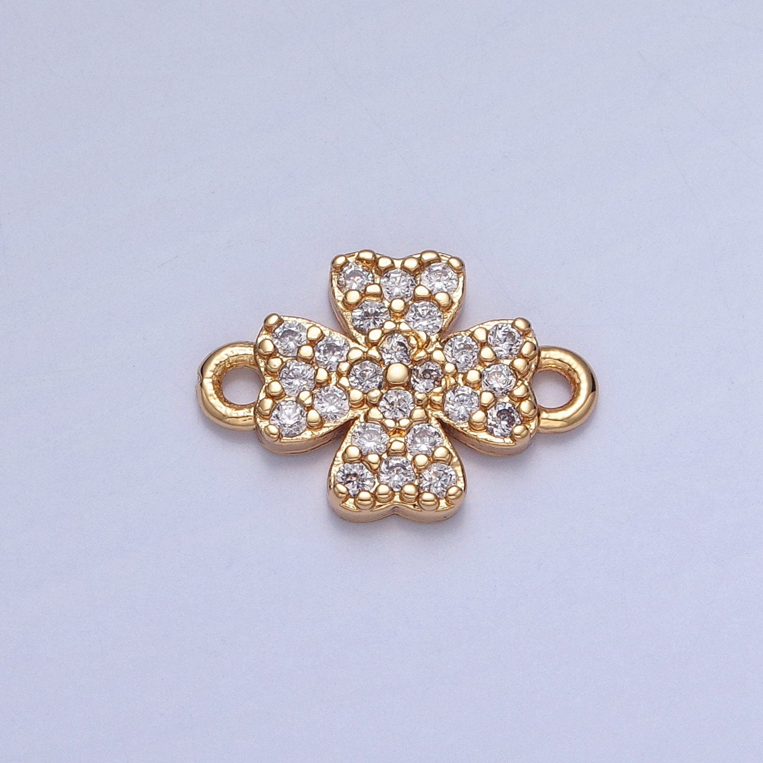 24K Gold Filled Dainty Gold Four-Leaf Clover Lucky Charm Connector Micro Pave Cubic Zarconia CZ Stones for Necklace Jewelry Finding | G-933