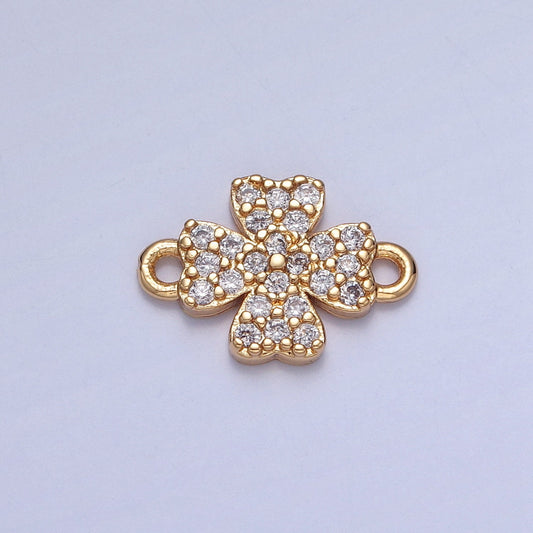24K Gold Filled Dainty Gold Four-Leaf Clover Lucky Charm Connector Micro Pave Cubic Zarconia CZ Stones for Necklace Jewelry Finding | G-933
