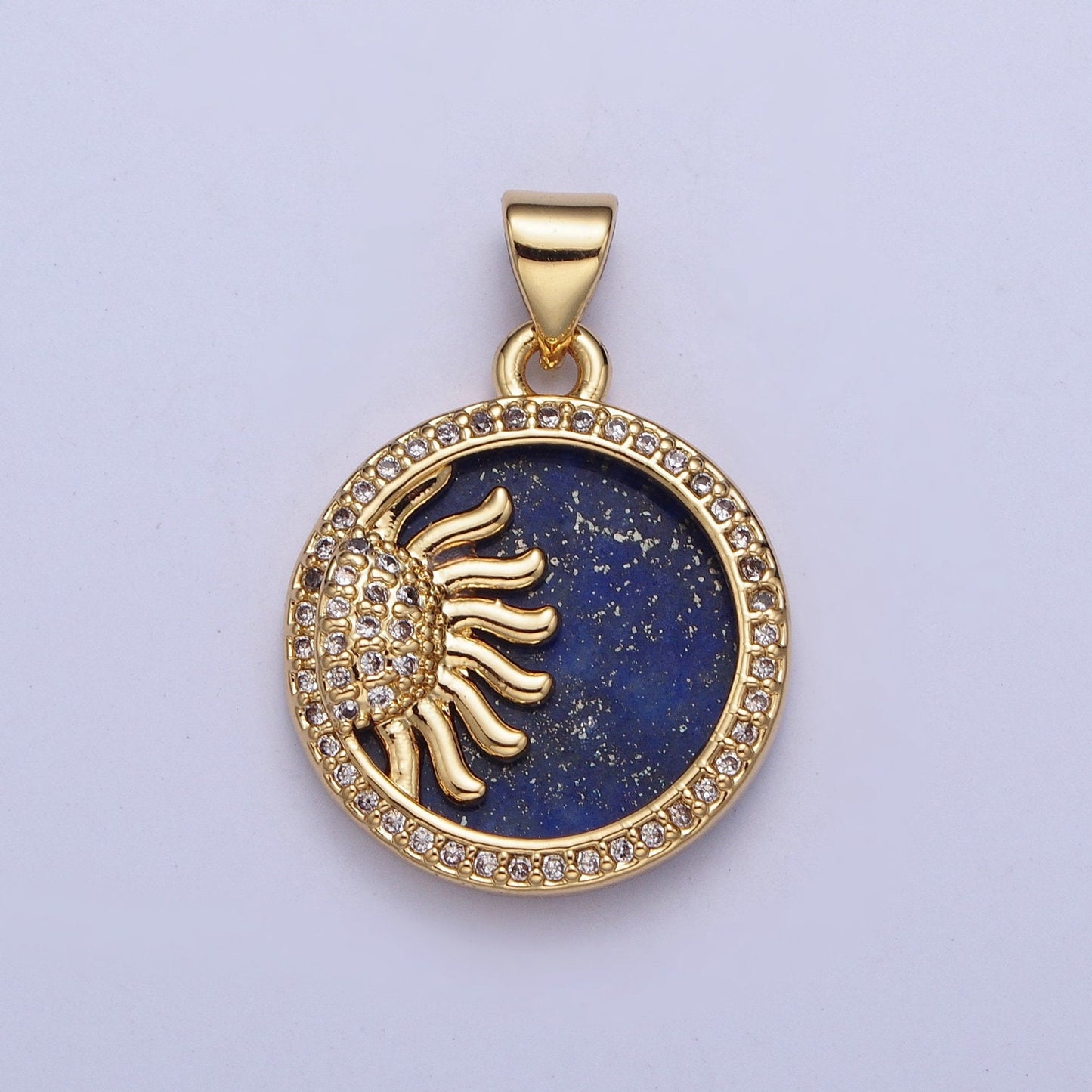 Gold Blue Lapiz Sun Rays Galaxy Coin Medallion Pendant, 24K Gold Filled Round Micro Pave CZ Summer Sunshine Charm For Jewelry Making | X-428