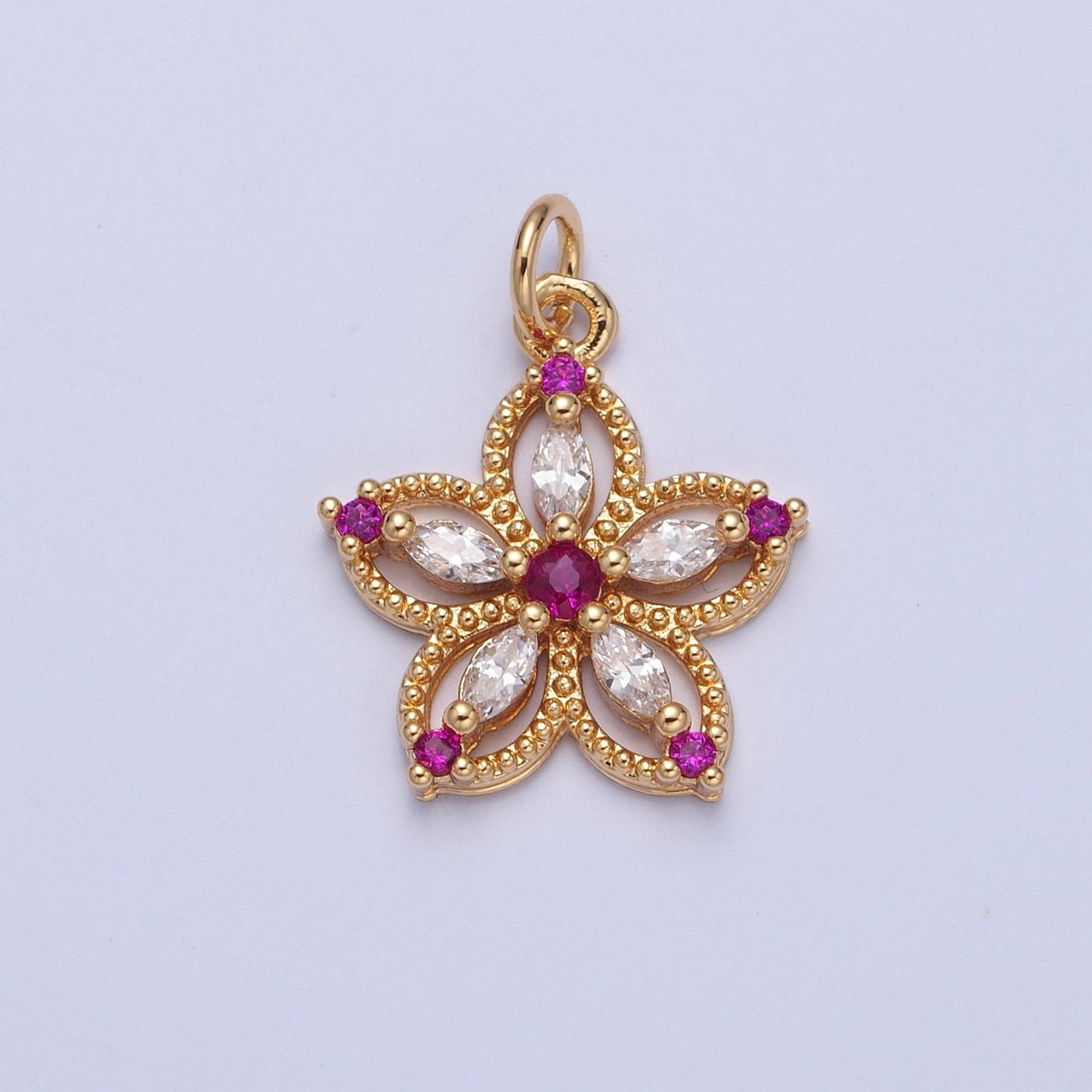 24K Gold Dainty Multicolor Flower Micro Pave Cubic Zirconia CZ Beaded Pendant, Petal Floral Charm Necklace Bracelet Earring | X-068-X-075