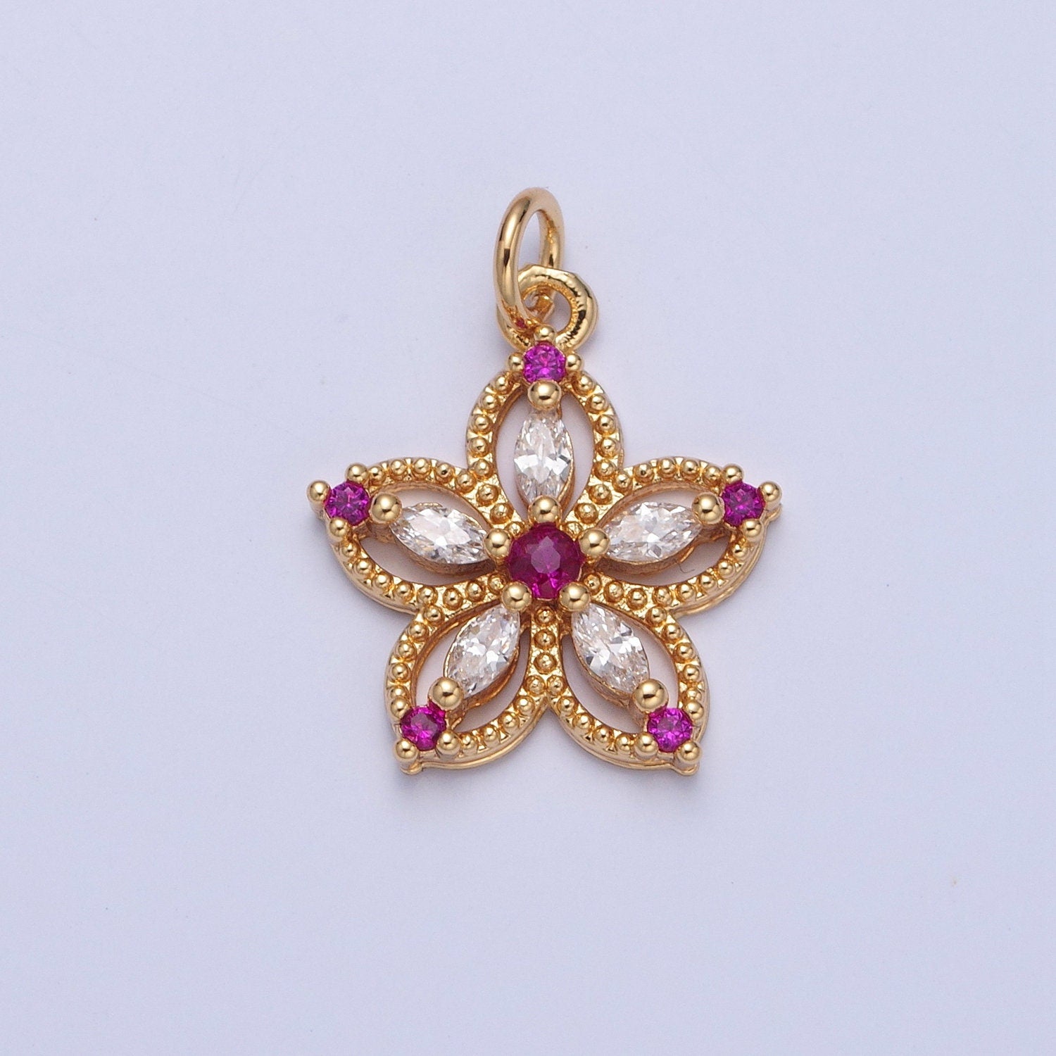 24K Gold Dainty Multicolor Flower Micro Pave Cubic Zirconia CZ Beaded Pendant, Petal Floral Charm Necklace Bracelet Earring | X-068-X-075