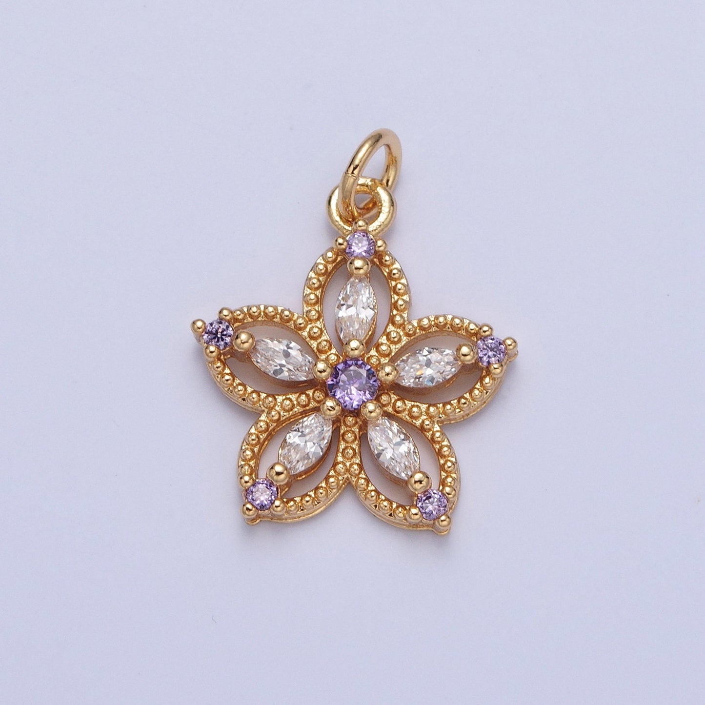 24K Gold Dainty Multicolor Flower Micro Pave Cubic Zirconia CZ Beaded Pendant, Petal Floral Charm Necklace Bracelet Earring | X-068-X-075