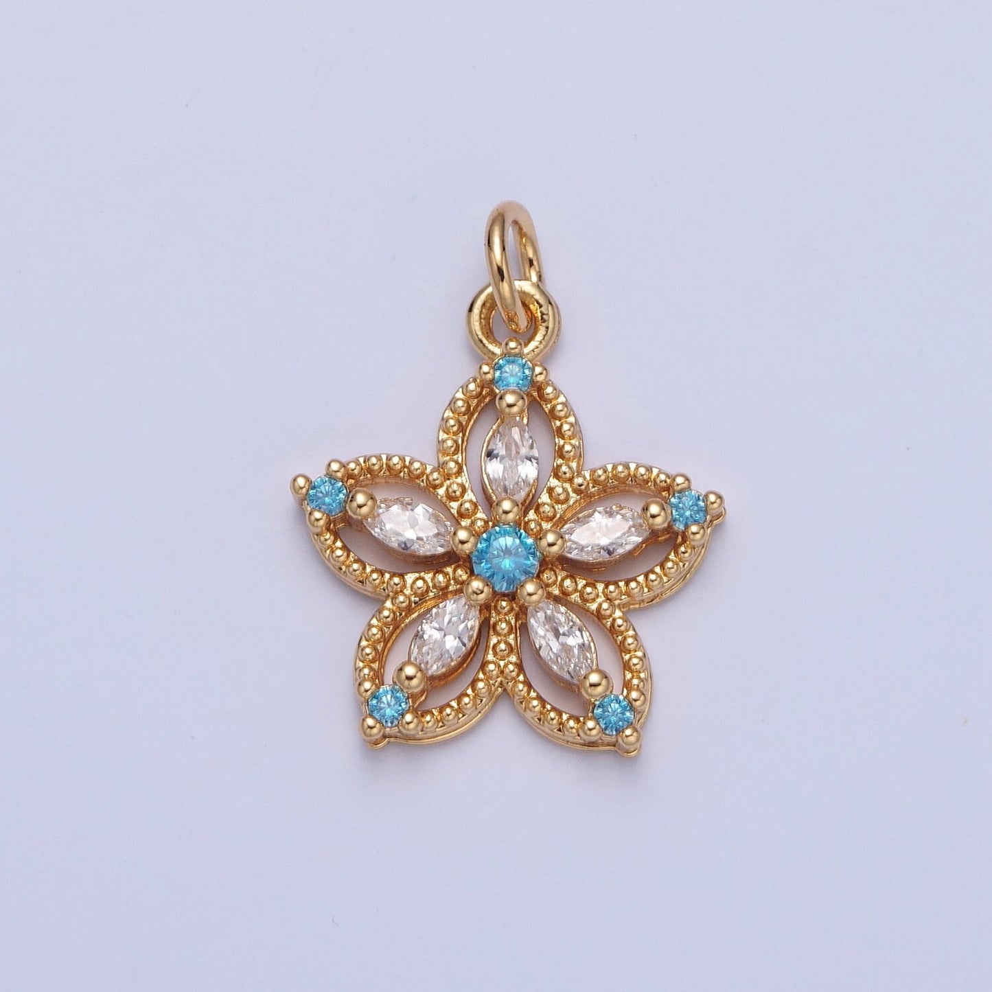 24K Gold Dainty Multicolor Flower Micro Pave Cubic Zirconia CZ Beaded Pendant, Petal Floral Charm Necklace Bracelet Earring | X-068-X-075