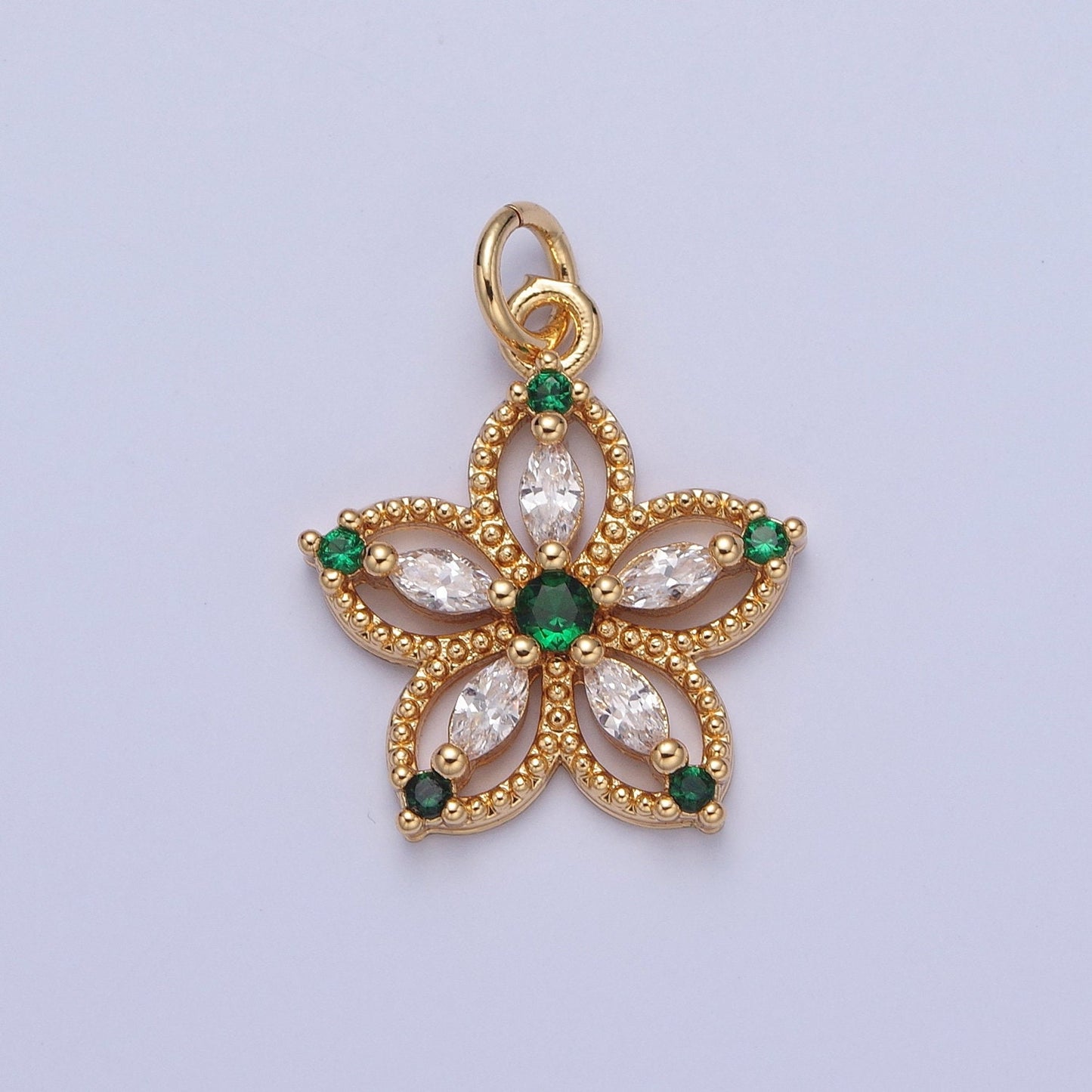 24K Gold Dainty Multicolor Flower Micro Pave Cubic Zirconia CZ Beaded Pendant, Petal Floral Charm Necklace Bracelet Earring | X-068-X-075