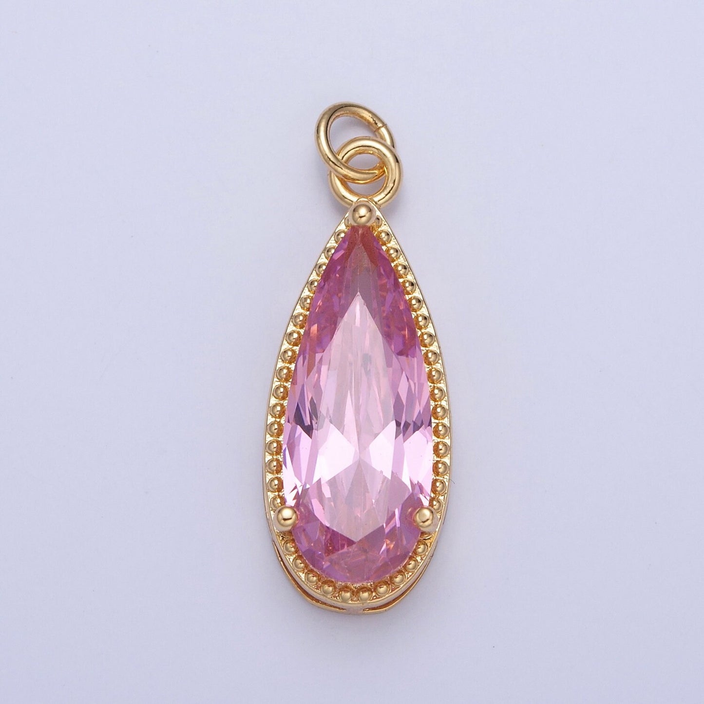 24K Gold Filled Long Slim Gemstones Teardrop Cubic Zirconia CZ Beaded-Edge Pendant Charm For Jewelry Necklace Making | X-050-X-057