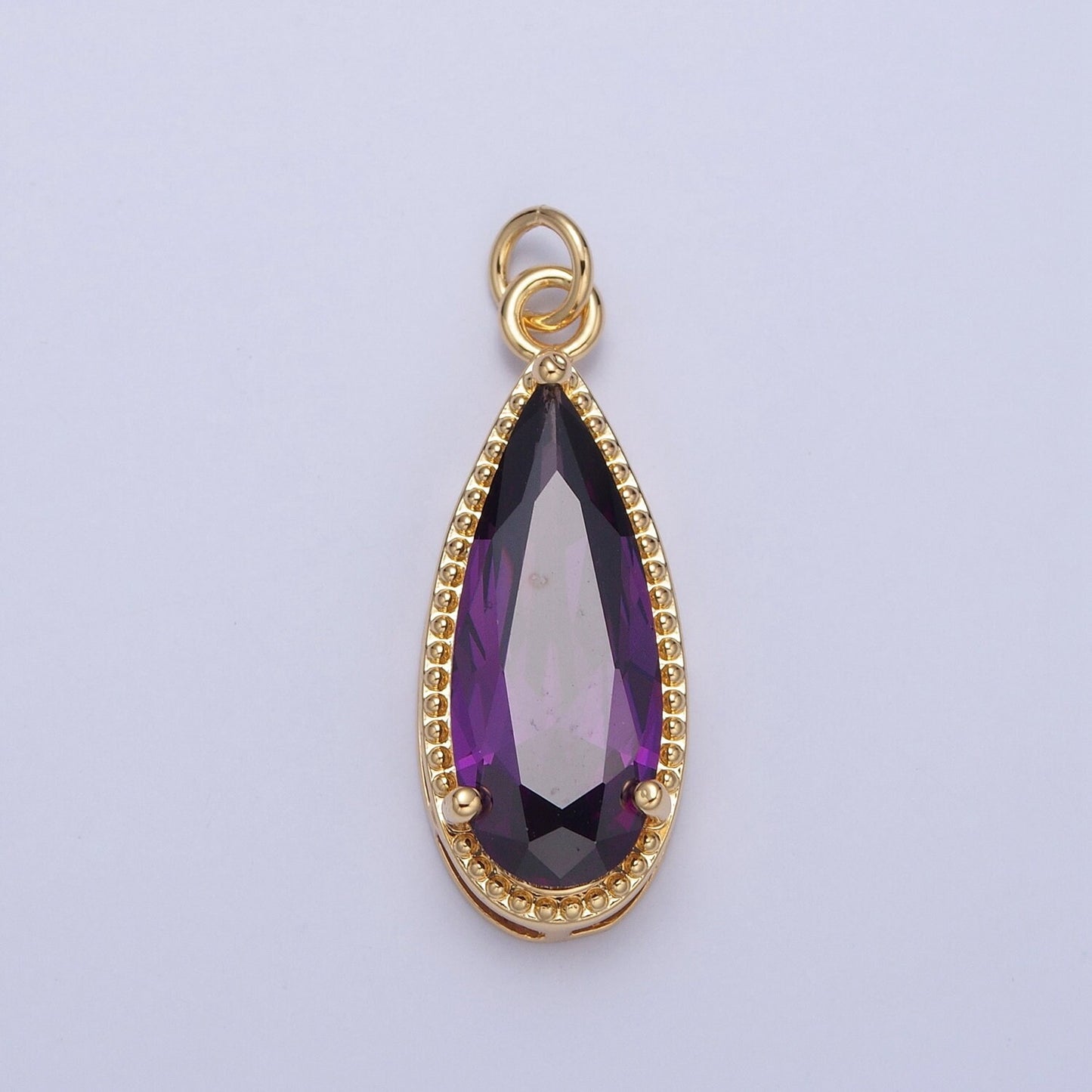24K Gold Filled Long Slim Gemstones Teardrop Cubic Zirconia CZ Beaded-Edge Pendant Charm For Jewelry Necklace Making | X-050-X-057