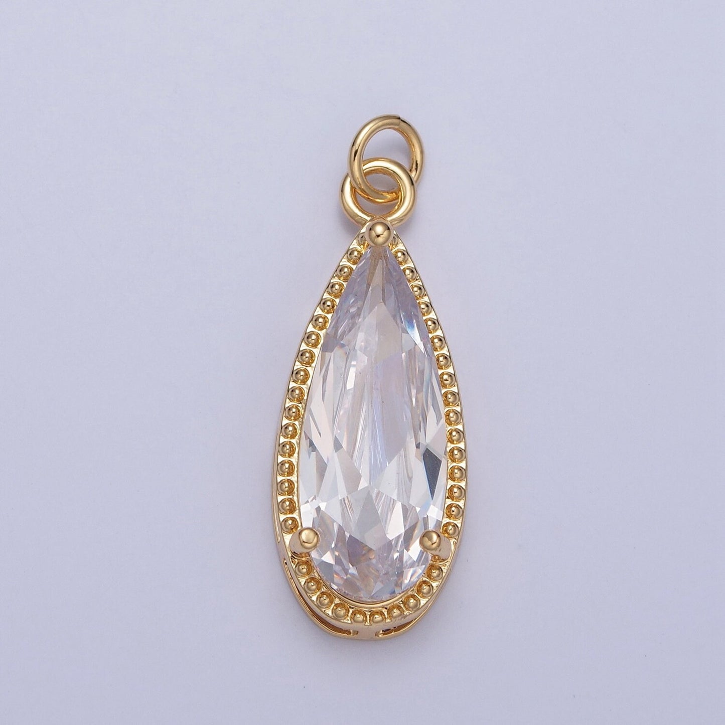 24K Gold Filled Long Slim Gemstones Teardrop Cubic Zirconia CZ Beaded-Edge Pendant Charm For Jewelry Necklace Making | X-050-X-057