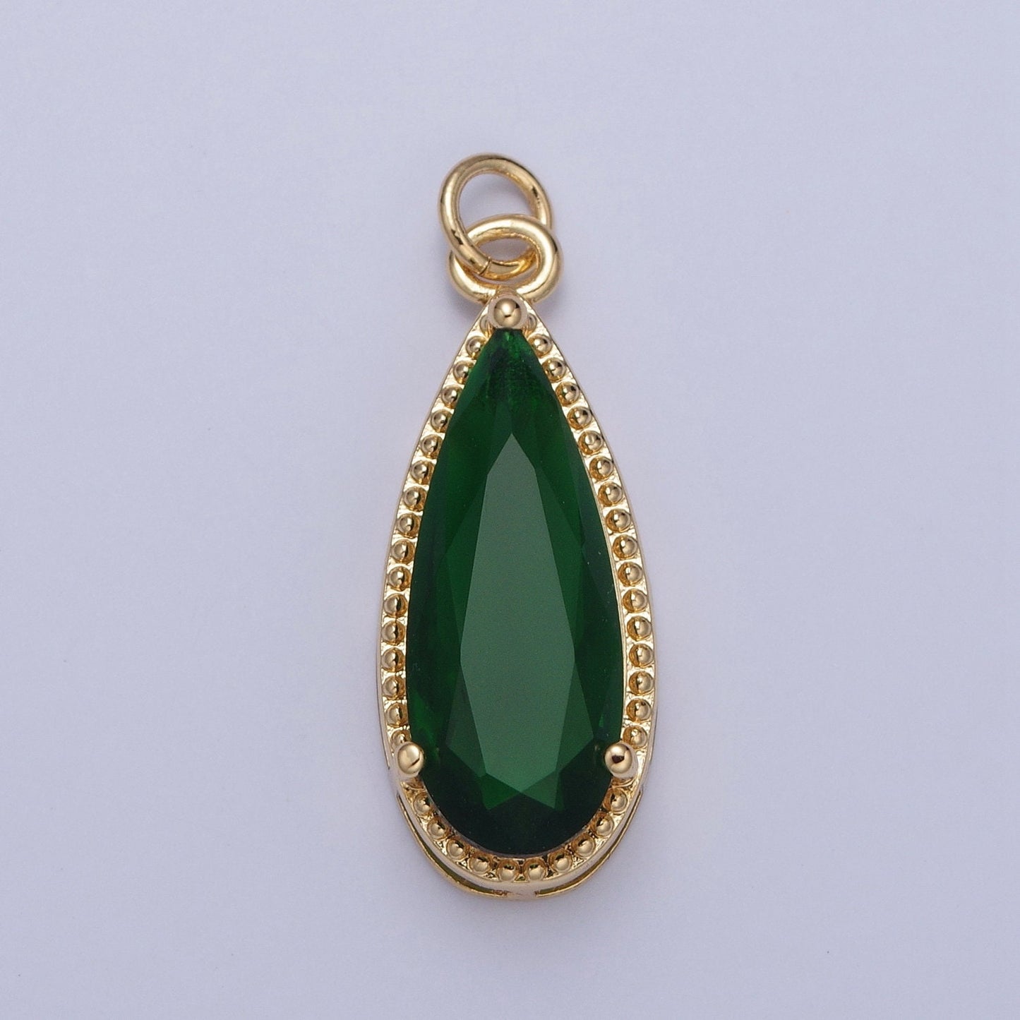 24K Gold Filled Long Slim Gemstones Teardrop Cubic Zirconia CZ Beaded-Edge Pendant Charm For Jewelry Necklace Making | X-050-X-057