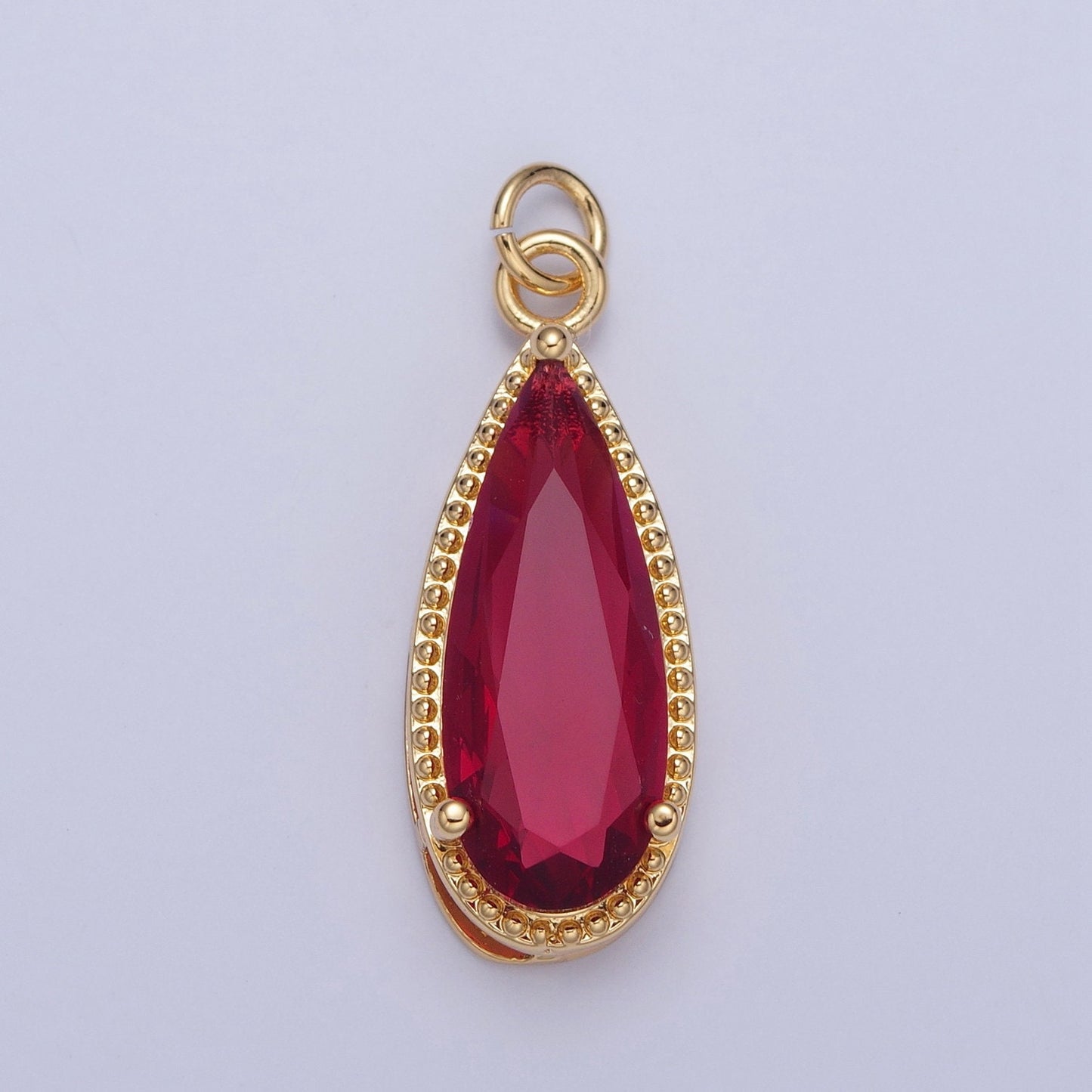 24K Gold Filled Long Slim Gemstones Teardrop Cubic Zirconia CZ Beaded-Edge Pendant Charm For Jewelry Necklace Making | X-050-X-057