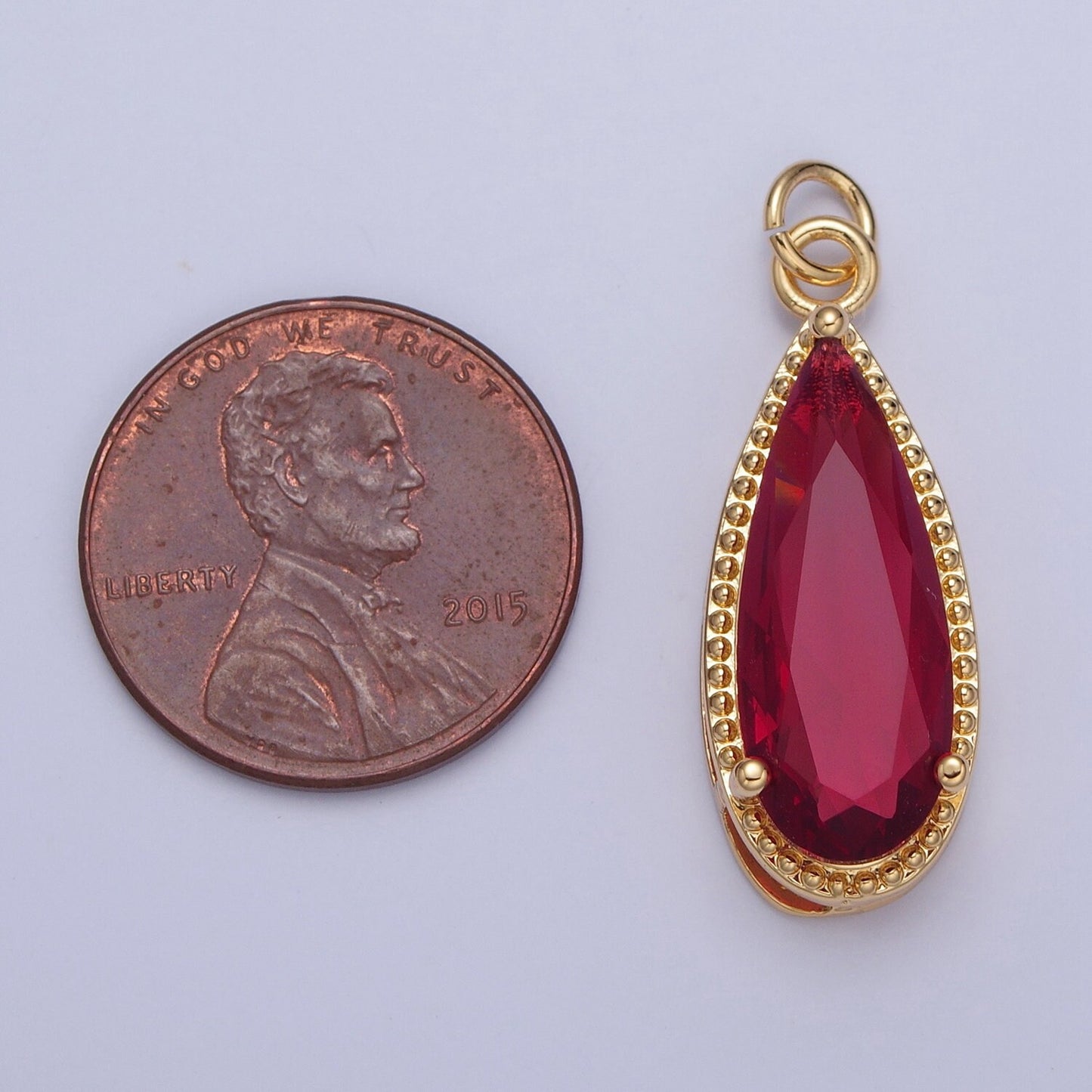 24K Gold Filled Long Slim Gemstones Teardrop Cubic Zirconia CZ Beaded-Edge Pendant Charm For Jewelry Necklace Making | X-050-X-057