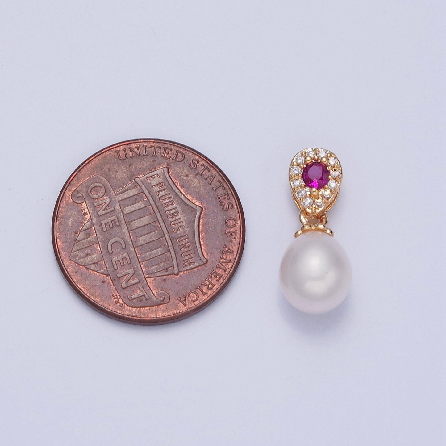 Dainty Round Pearl Elegant Magenta Teardrop Design Micro Pave CZ Ball Charm for Bracelet Necklace Component | H-479