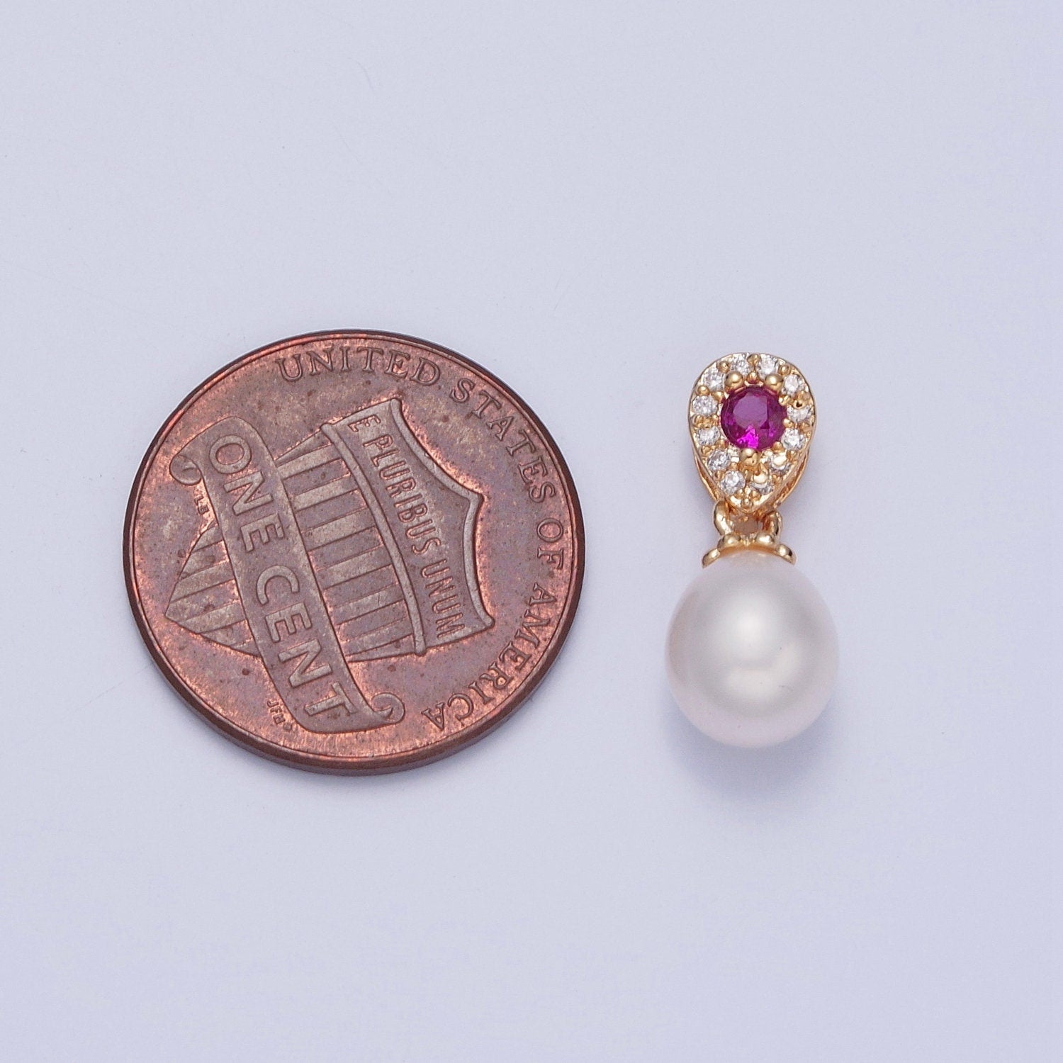 Dainty Round Pearl Elegant Magenta Teardrop Design Micro Pave CZ Ball Charm for Bracelet Necklace Component | H-479