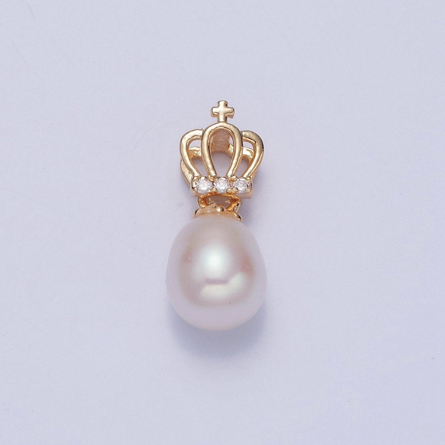 Dainty Round Pearl Elegant Royal Crown w. Mini Cross Design Micro Pave CZ Ball Pendant for Bracelet Necklace Component | H-535