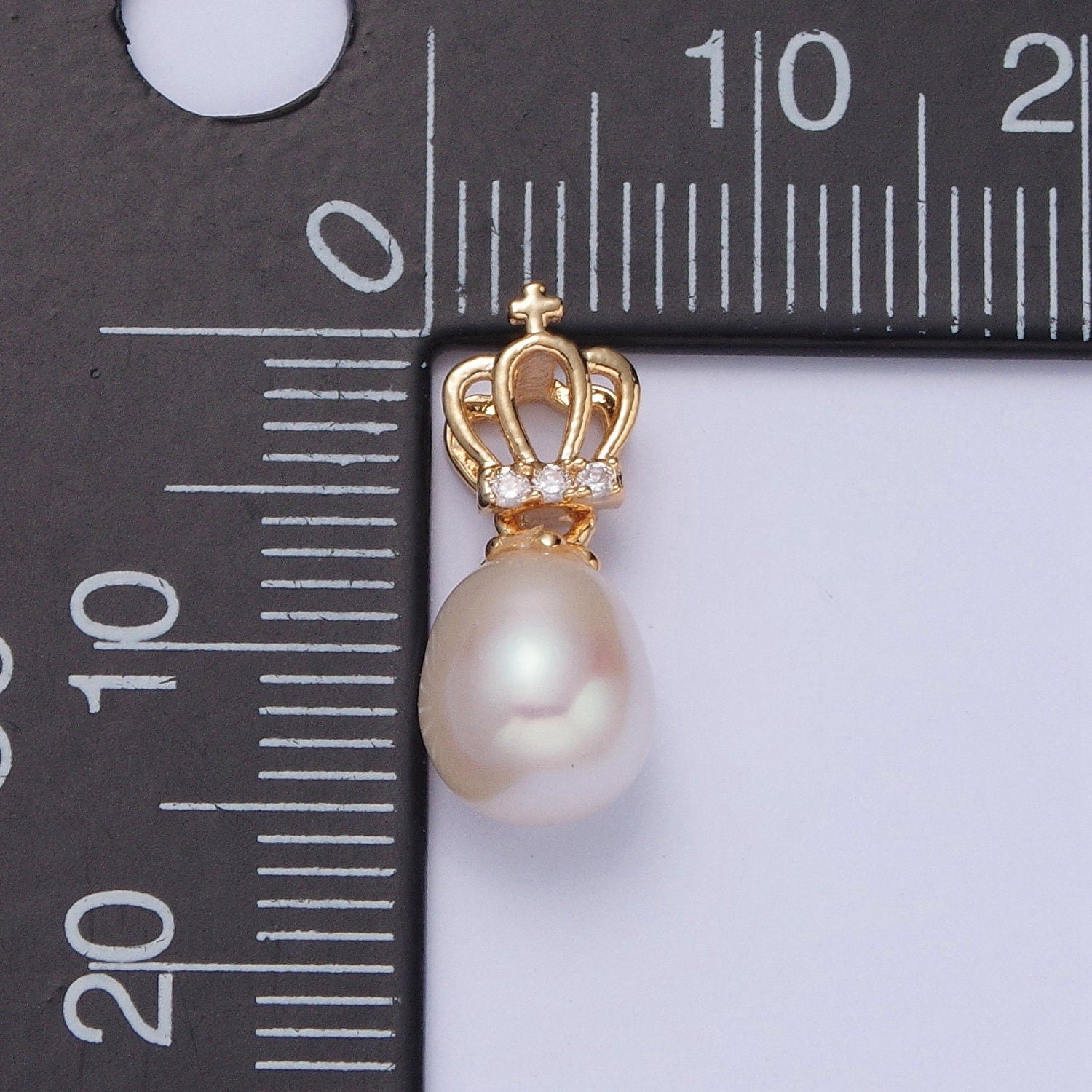 Dainty Round Pearl Elegant Royal Crown w. Mini Cross Design Micro Pave CZ Ball Pendant for Bracelet Necklace Component | H-535