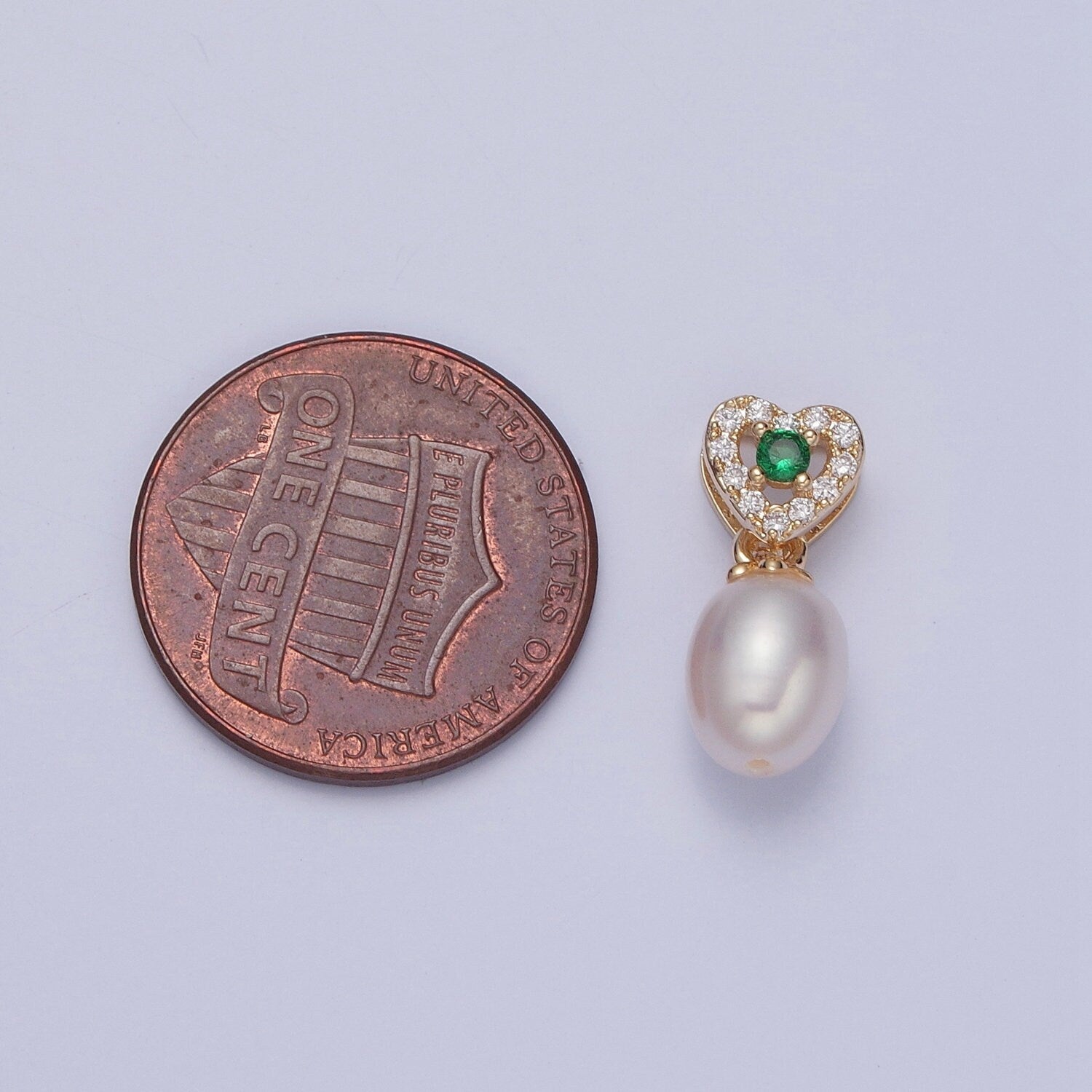 Dainty Round Pearl Elegant Heart w. Emerald Green CZ Eye Design Micro Pave Clear CZ Ball Pendant for Bracelet Necklace Component | H-536