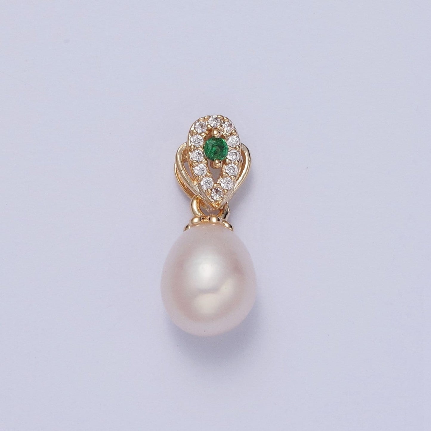 Dainty Round Pearl Elegant Teardrop Design Emerald Green Center Micro Pave CZ Ball Charm for Bracelet Necklace Component | H-549