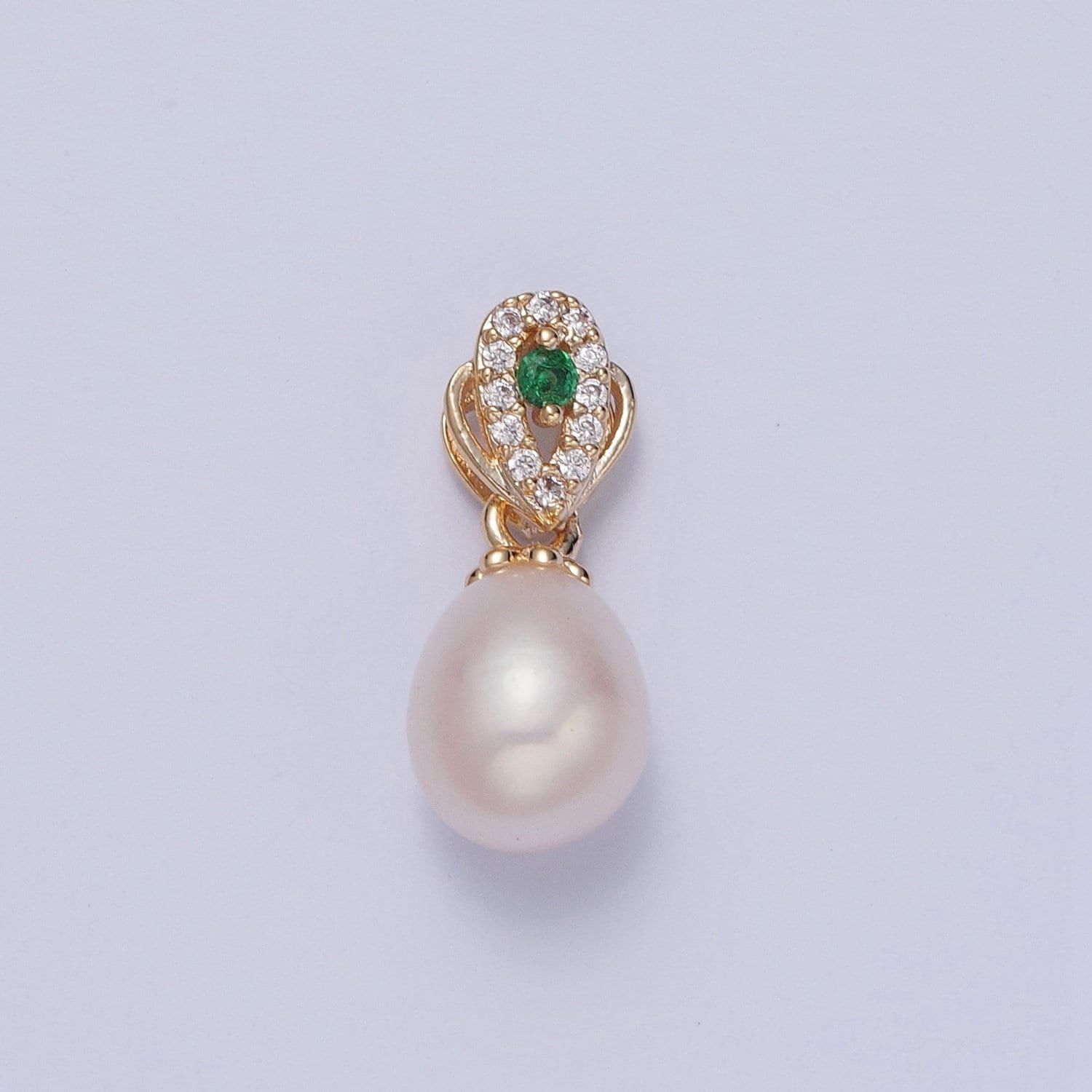 Dainty Round Pearl Elegant Teardrop Design Emerald Green Center Micro Pave CZ Ball Charm for Bracelet Necklace Component | H-549