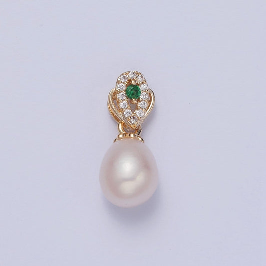 Dainty Round Pearl Elegant Teardrop Design Emerald Green Center Micro Pave CZ Ball Charm for Bracelet Necklace Component | H-549