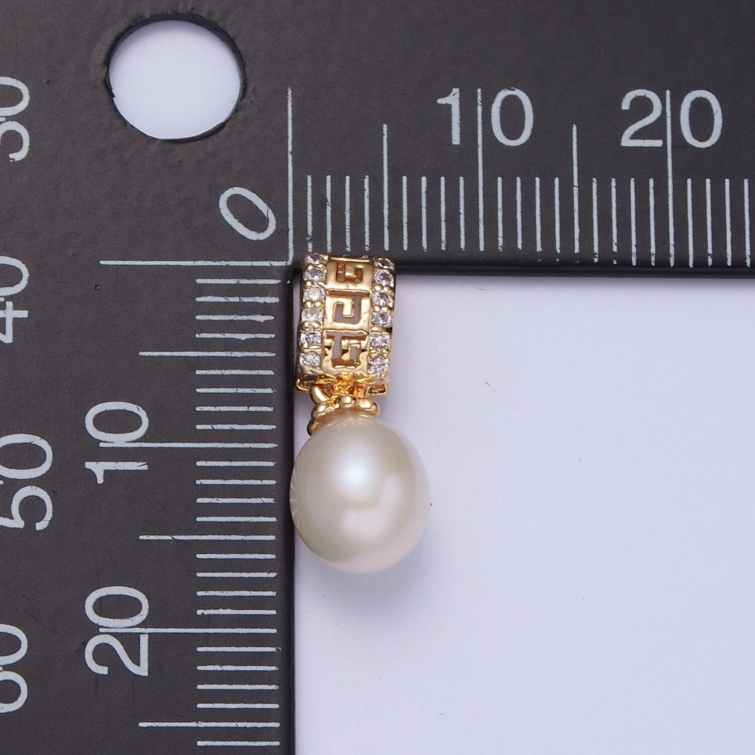 Dainty Round Pearl Greek Key CZ Design Micro Pave Clear CZ Ball Pendant for Bracelet Necklace Component | H-671