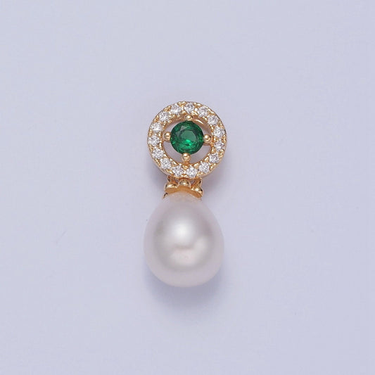 Dainty Round Pearl Circle Wheel Emerald Green CZ Eye Design Micro Pave Clear CZ Ball Pendant for Bracelet Necklace Component | H-673