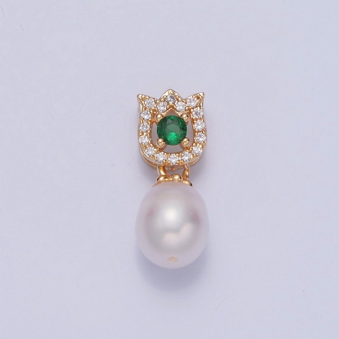 Dainty Round Pearl Tulip with Emerald Green CZ Eye Design Micro Pave Clear CZ Ball Pendant for Bracelet Necklace Component | H-679