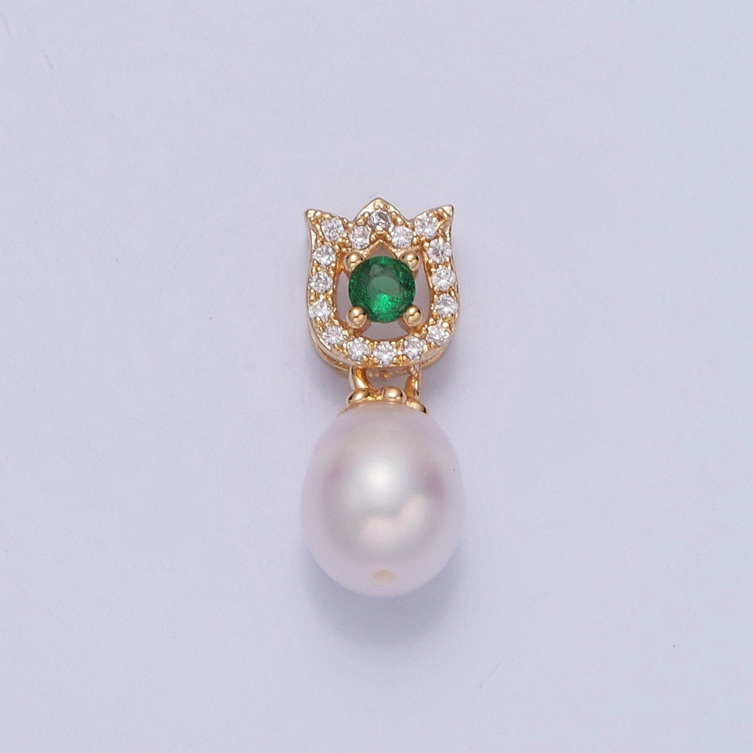 Dainty Round Pearl Tulip with Emerald Green CZ Eye Design Micro Pave Clear CZ Ball Pendant for Bracelet Necklace Component | H-679