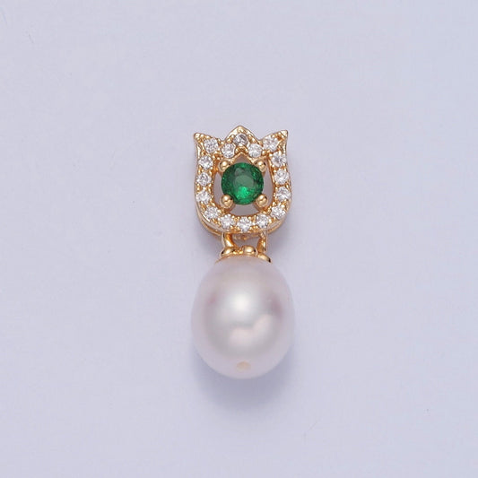 Dainty Round Pearl Tulip with Emerald Green CZ Eye Design Micro Pave Clear CZ Ball Pendant for Bracelet Necklace Component | H-679