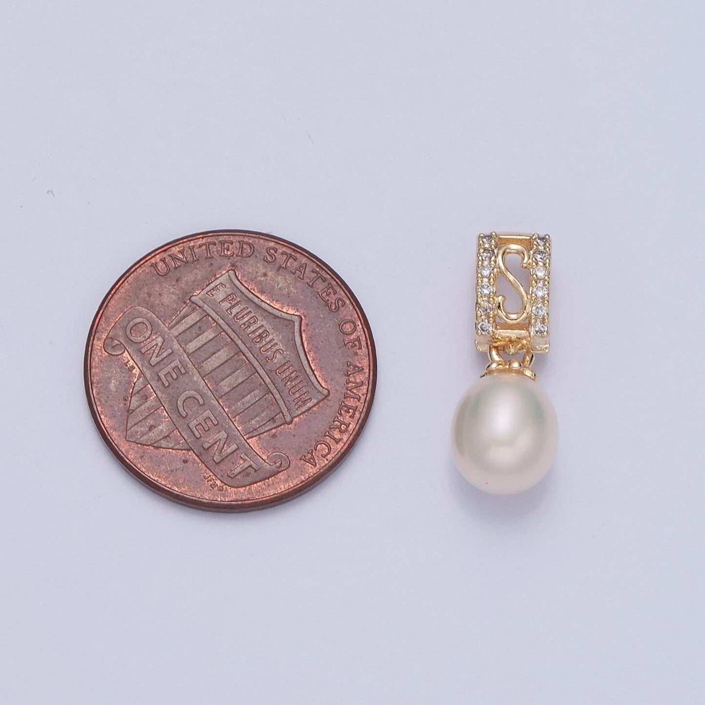 Dainty Round Pearl Initial Letter 'S' CZ Design Micro Pave Clear CZ Ball Pendant for Bracelet Necklace Component | H-682