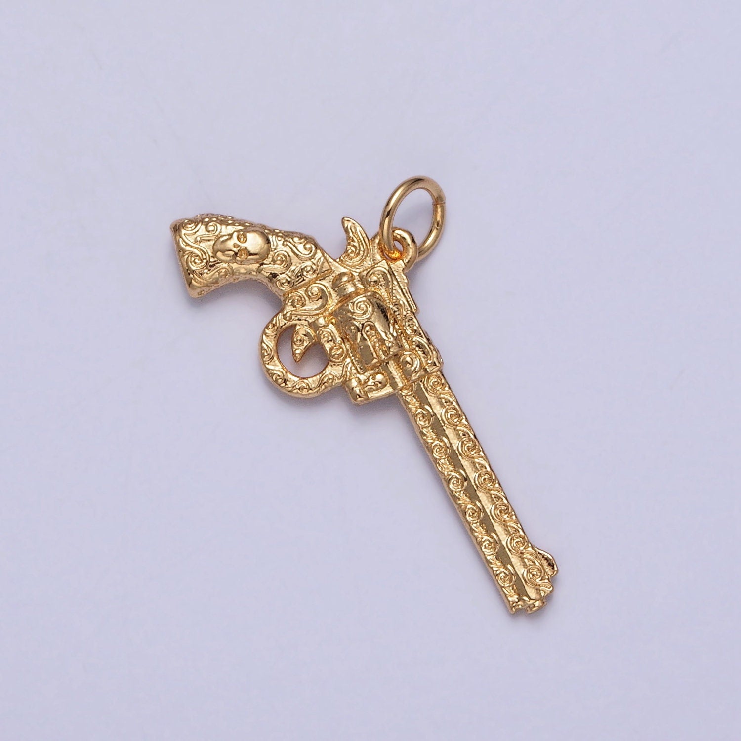Revolver Pistol Gun w. Wave Curls Patterns Pendant 24K Gold Plated Gun Charm, Necklace Bracelet Charm Pendant | X-142